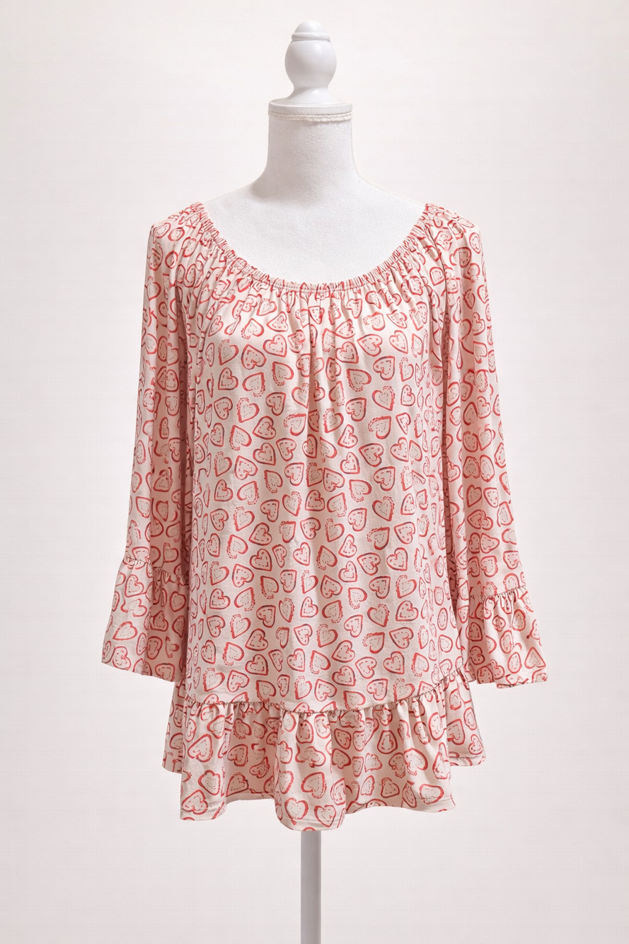 Tommy Hilfiger M Heart Print Ruffle Hem Blouse Romantic Chic Stretch Top